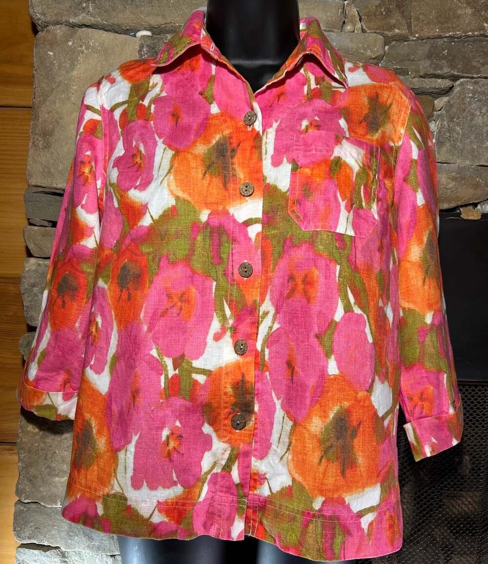 Jones NY Womens Petite Small Pink Orange Floral Linen 3/4 Roll Tab Button Top